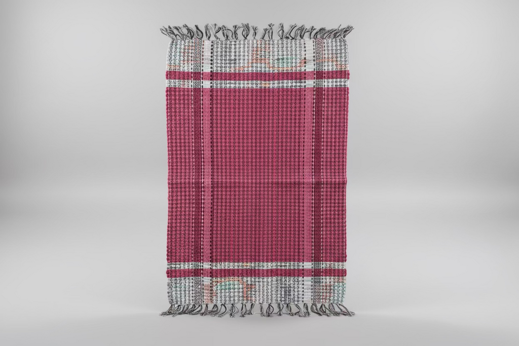 Tapete Artesanal em Malha Rosa e Branco